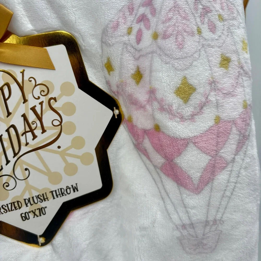 Happy‎ Holidays Whimsy Christmas Throw Blanket Carousel Hot Air Balloons Pastel